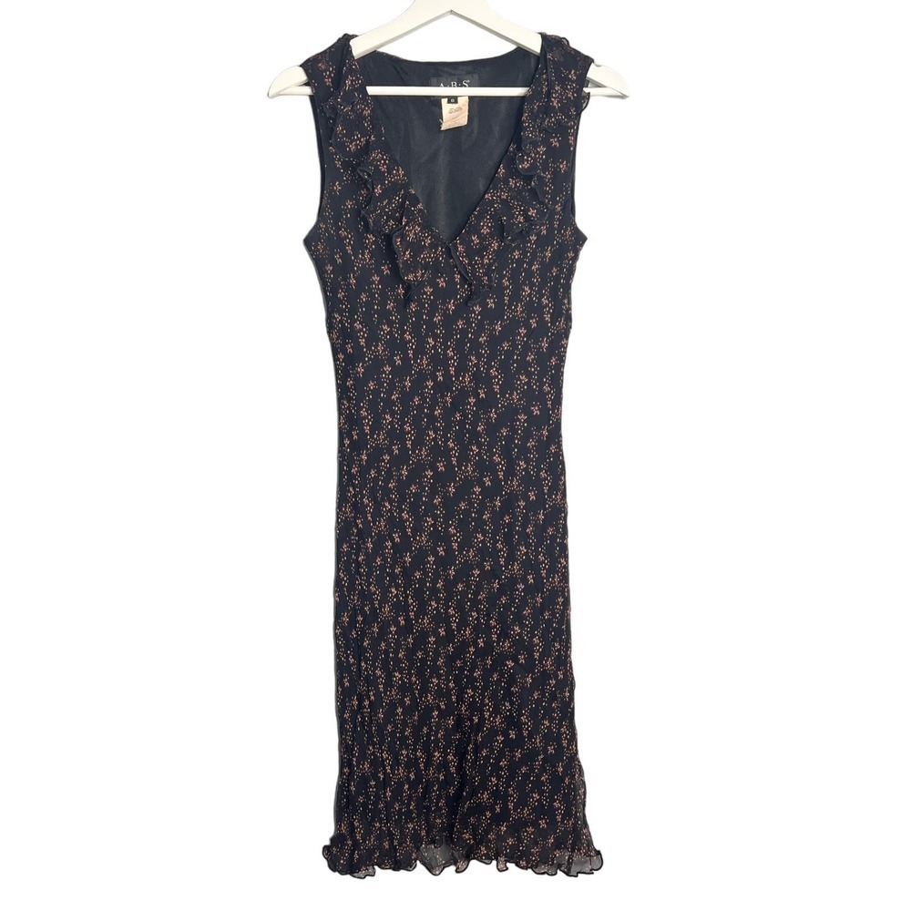 VTG ABS by Allen Schwartz Silk Floral Sleeveless V-Neck Midi Dress Black Size 8